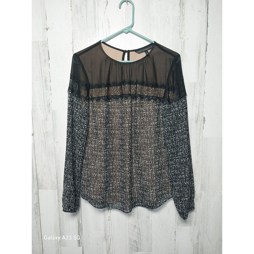WHBM  LS Black Print Sheer Yoke Printed Blouse Womens sz 8